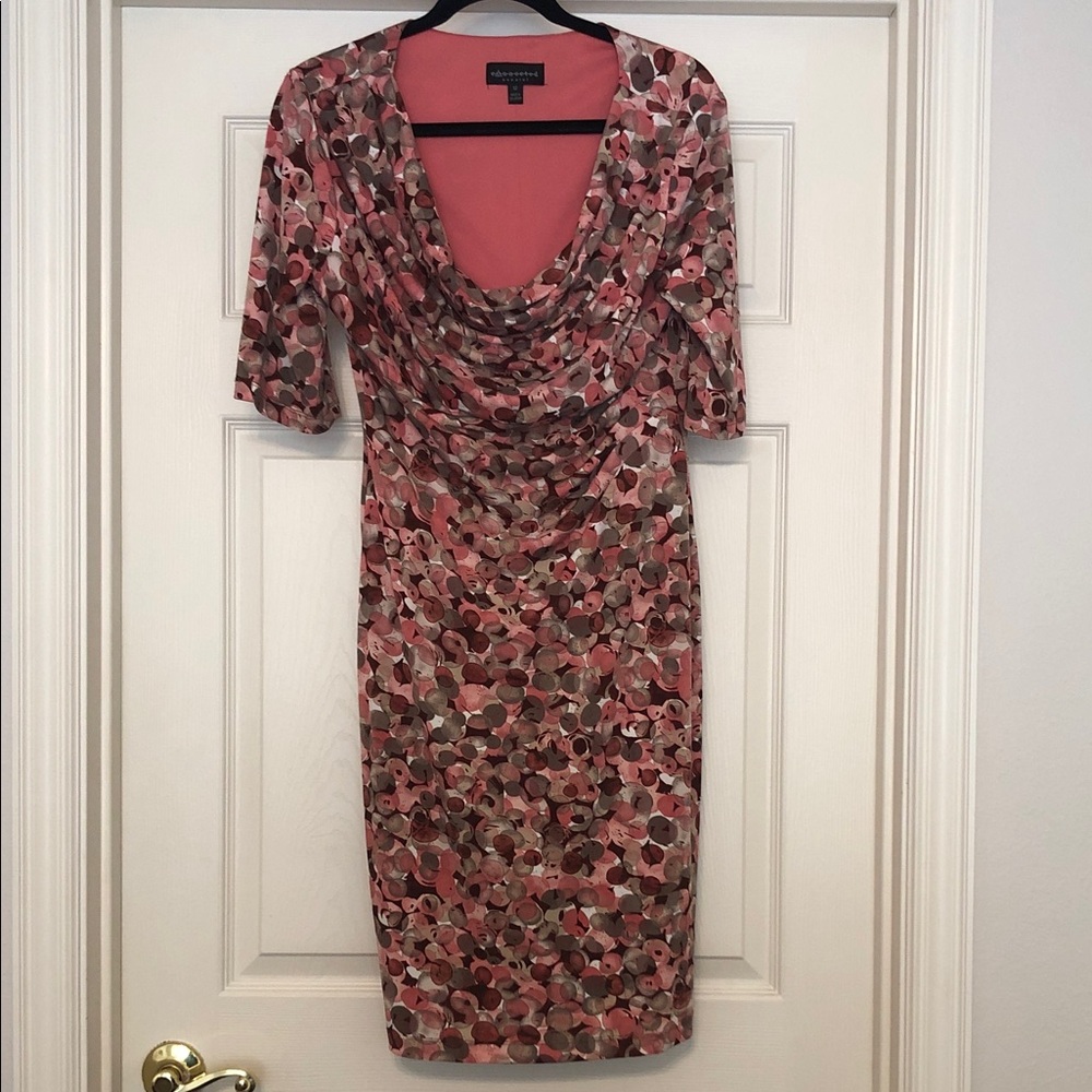 Connected Apparel Pink Multi-Print Cowl Neck Midi Dress Made In Sri Lanka Sz. 12